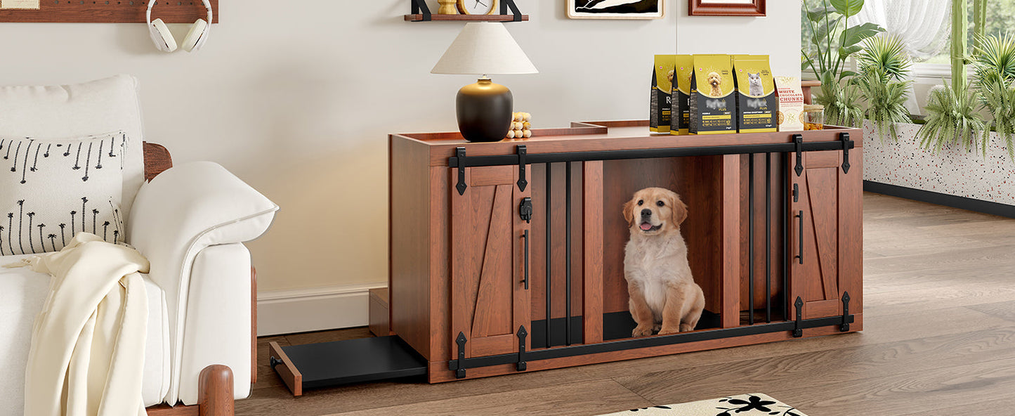 56" Furniture Style Dog Crate with Bench | Sliding Barn Door Kennel (Walnut)