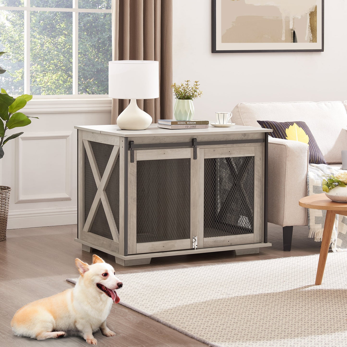 Farmhouse Dog Cage Crate Furniture | Sliding Barn Door Kennel