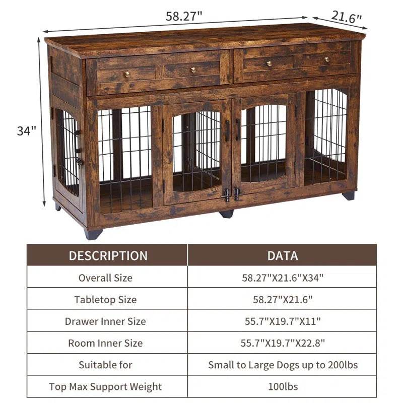 Dog Crate Furniture with Openable Partition | Double Door Wooden End Table Kennel with Drawers & Divider