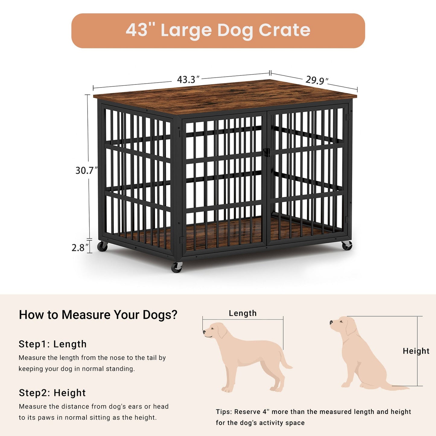 43" Furniture Style Dog Crate | Rustic Brown Dog Crate End Table on Wheels