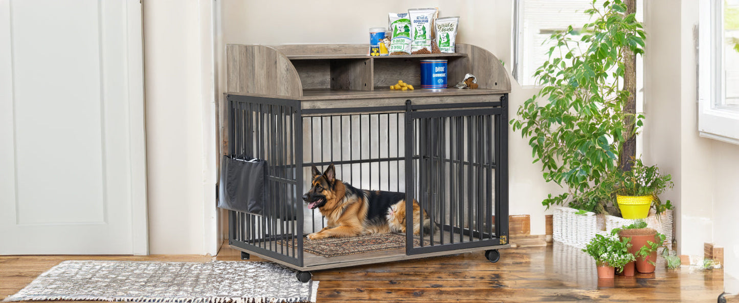 44" Heavy Duty Dog Crate Furniture with Wheels | Double Storage Pet Kennel (Gray)