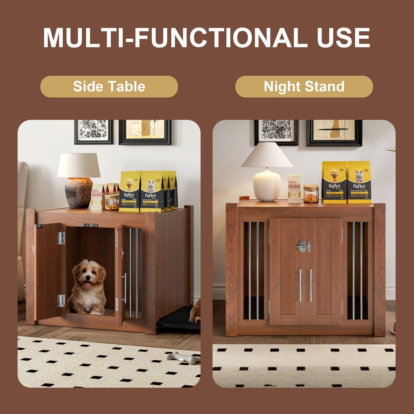 2-in-1 Dog Crate Ottoman with Bench | 30" Wooden Kennel (Walnut)