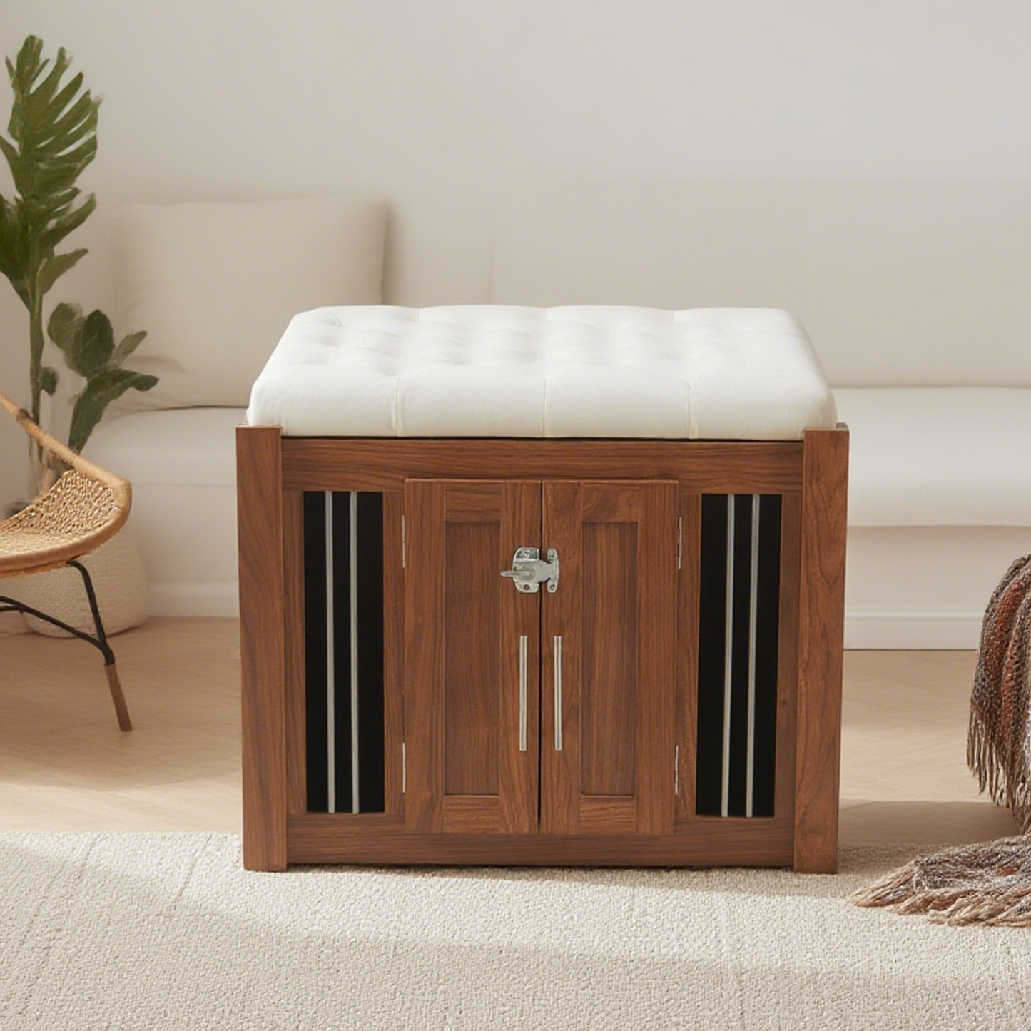 2-in-1 Dog Crate Ottoman with Bench | 30" Wooden Kennel (Walnut)