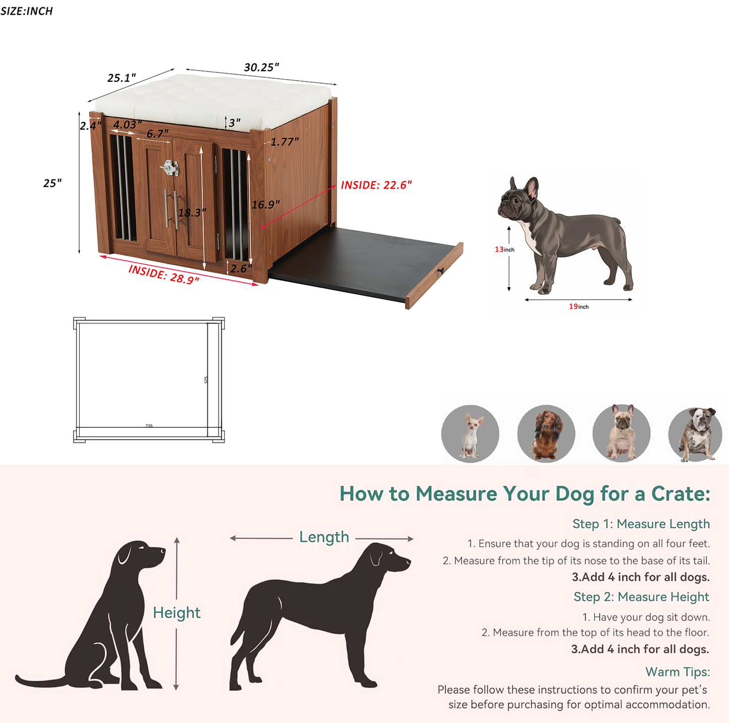 2-in-1 Dog Crate Ottoman with Bench | 30" Wooden Kennel (Walnut)