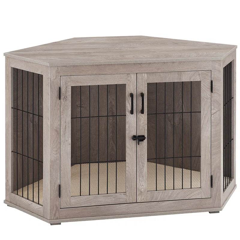 Corner Dog Crate Furniture | End Table Pet Kennel with Cushion