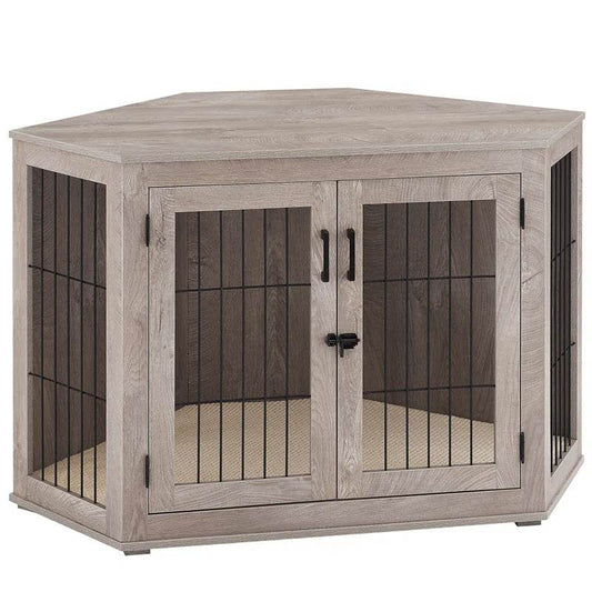 Corner Dog Crate Furniture | End Table Pet Kennel with Cushion