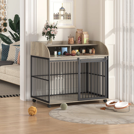 44" Heavy Duty Dog Crate Furniture with Wheels | Double Storage Pet Kennel (Gray)