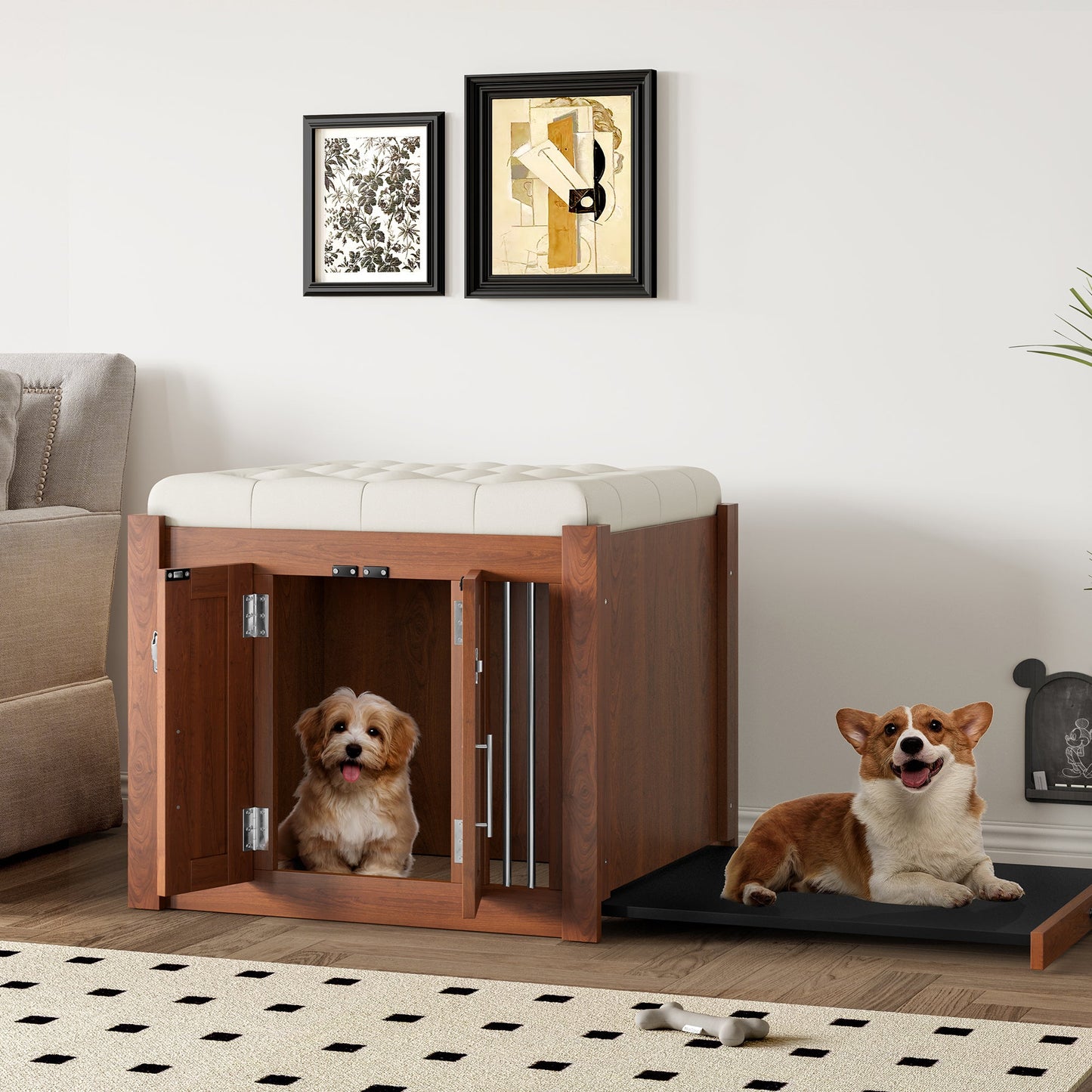 2-in-1 Dog Crate Ottoman with Bench | 30" Wooden Kennel (Walnut)