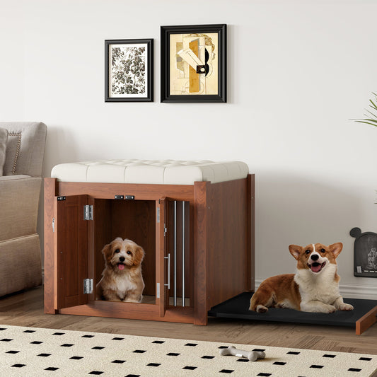 2-in-1 Dog Crate Ottoman with Bench | 30" Wooden Kennel (Walnut)