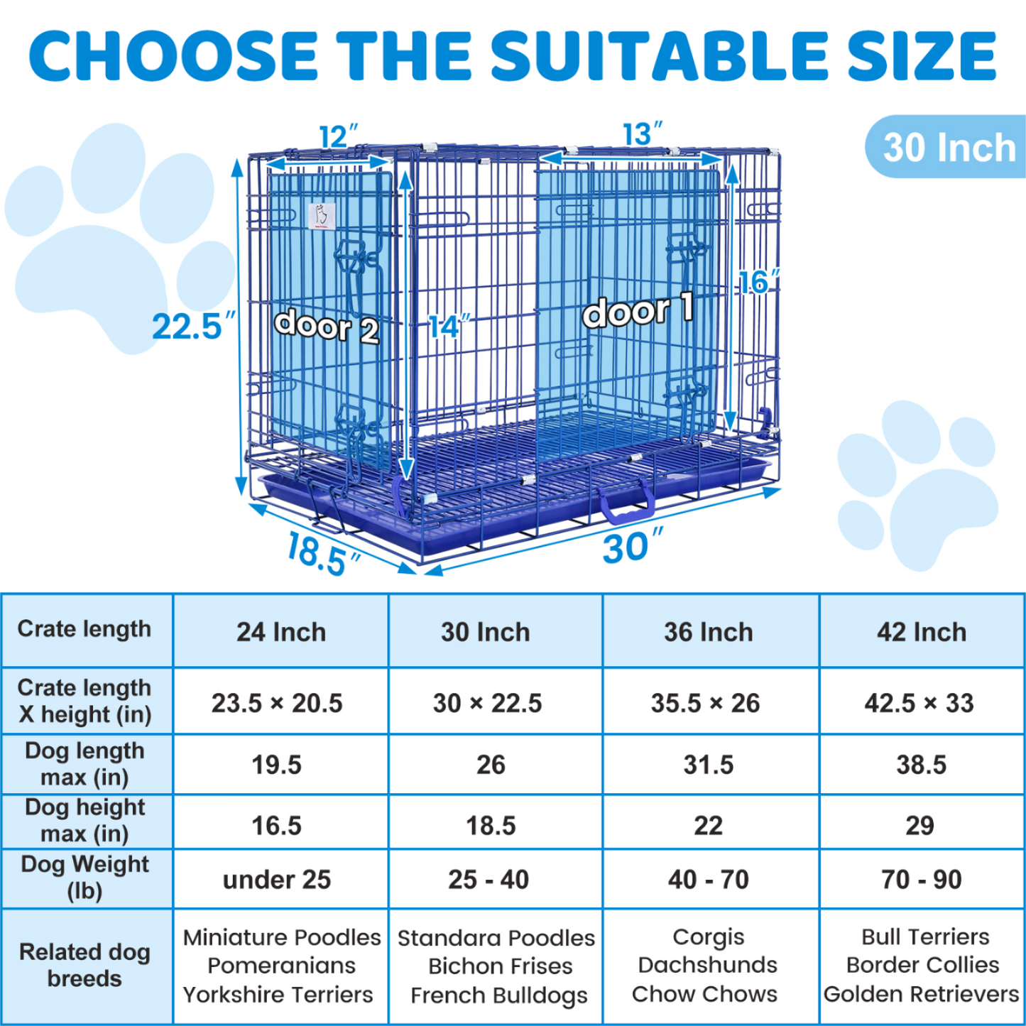 30" Collapsible Blue Dog Crate | Double Door Wire Kennel
