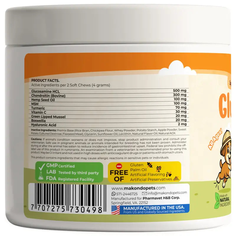Glucosamine for Dogs Hip and Joint Supplement – 120 Hemp Oil Soft Chews with Chondroitin & MSM