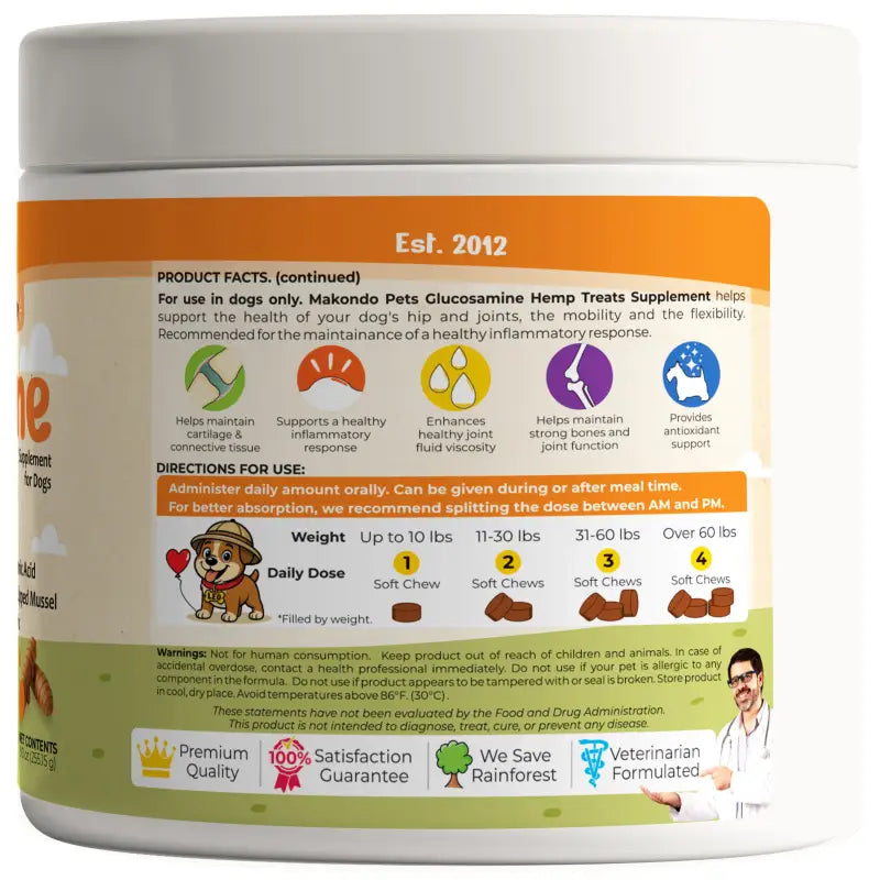 Glucosamine for Dogs Hip and Joint Supplement – 120 Hemp Oil Soft Chews with Chondroitin & MSM