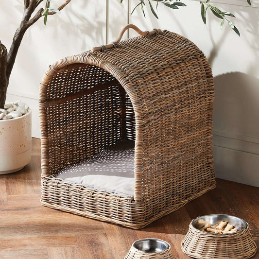 Handwoven Rattan Dog Bed with Canopy – Luxury Pet Sanctuary