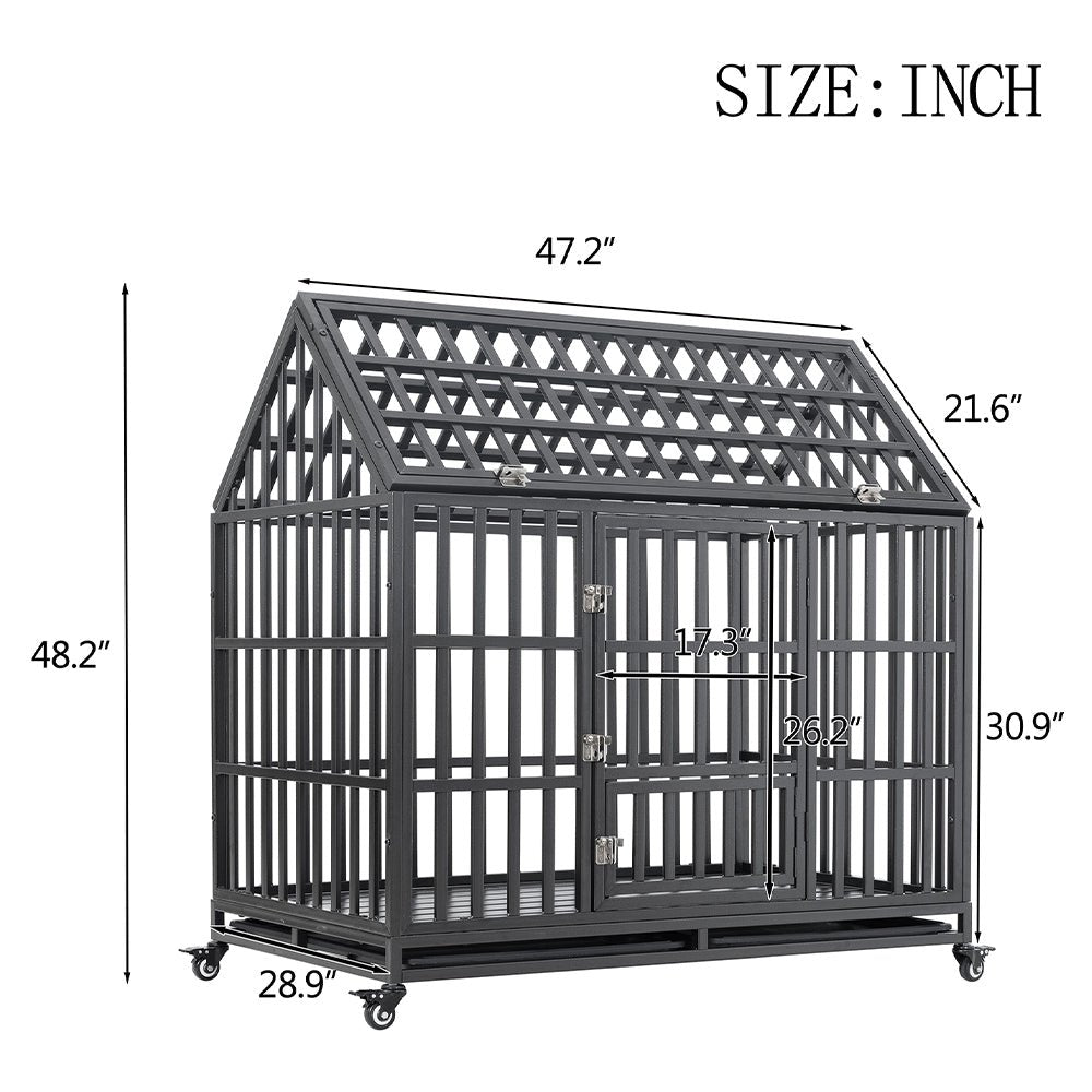 48 Inch Heavy Duty Dog Crate | Carbon Steel Pet Kennel on Wheels