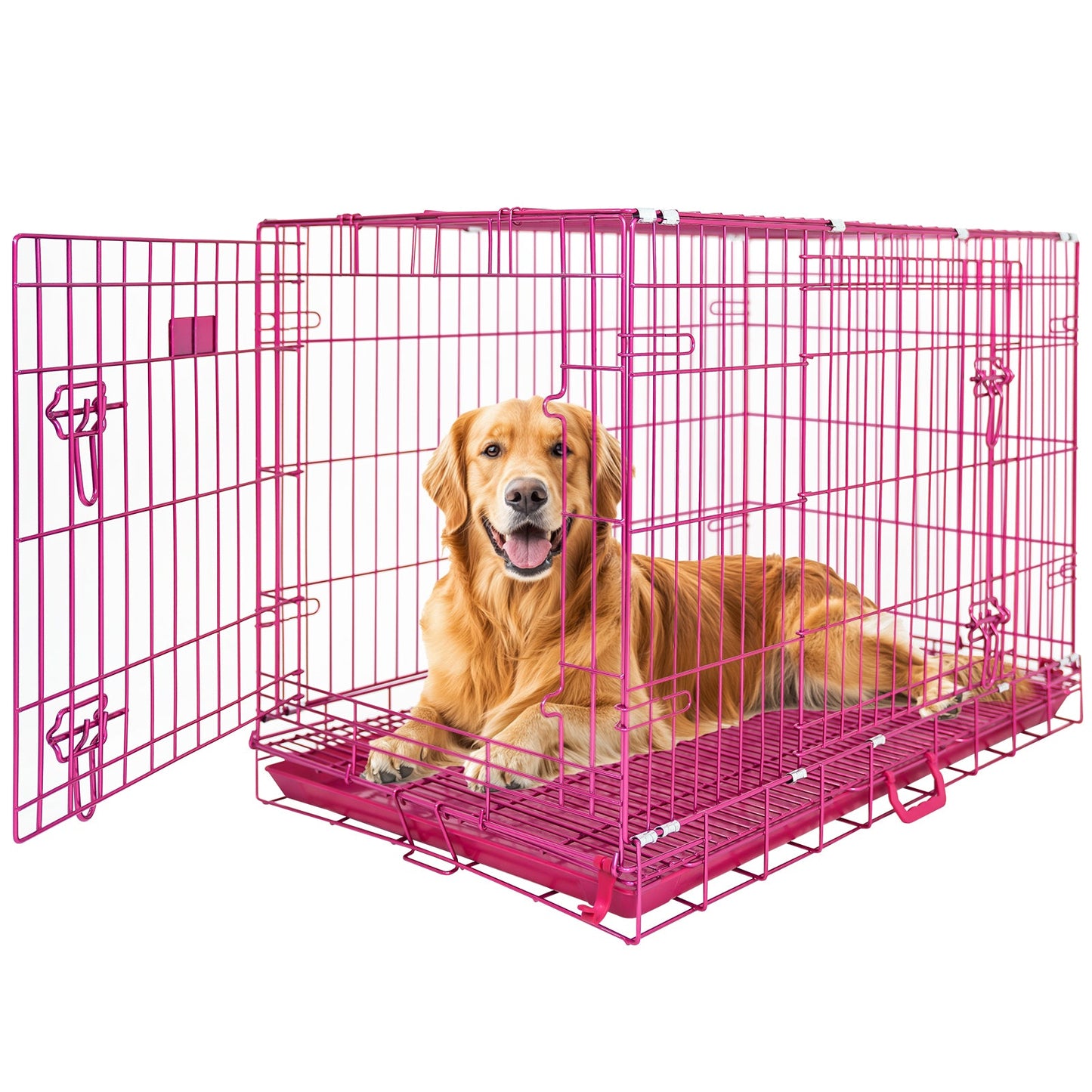 24-42" Collapsible Pink Dog Crate | Double Door Wire Kennel with Leak-Proof Tray