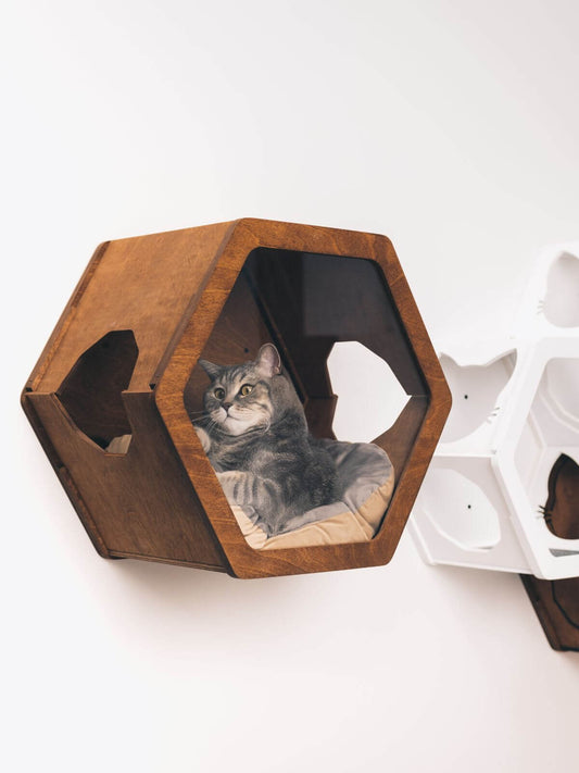 Wall Mounted Cat Bed, Hexagon Cat Shelf | Modern Floating Pet House