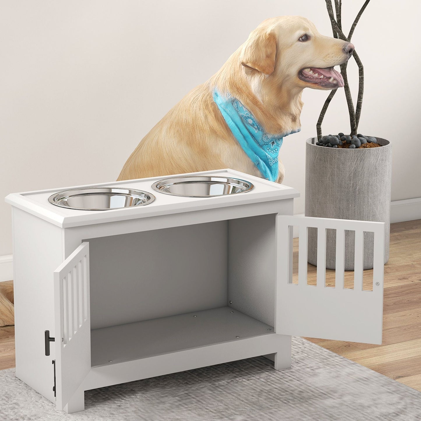 PawHut Dog Food Storage Cabinet with Bowls & Dog Feeding Station, White