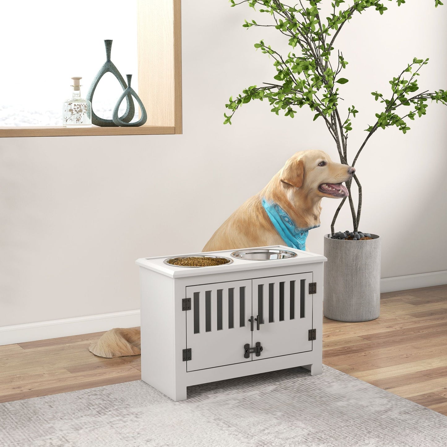 PawHut Dog Food Storage Cabinet with Bowls & Dog Feeding Station, White
