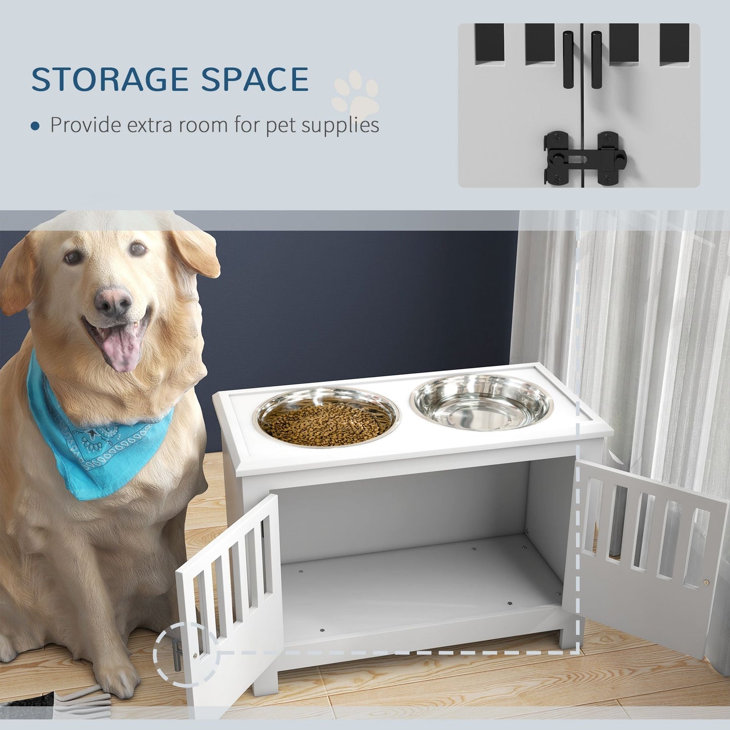 PawHut Dog Food Storage Cabinet with Bowls & Dog Feeding Station, White