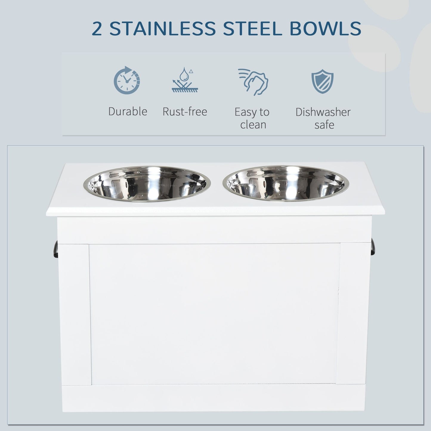 PawHut White Raised Pet Dining Station with Food Storage and Steel Bowls for Big Pups