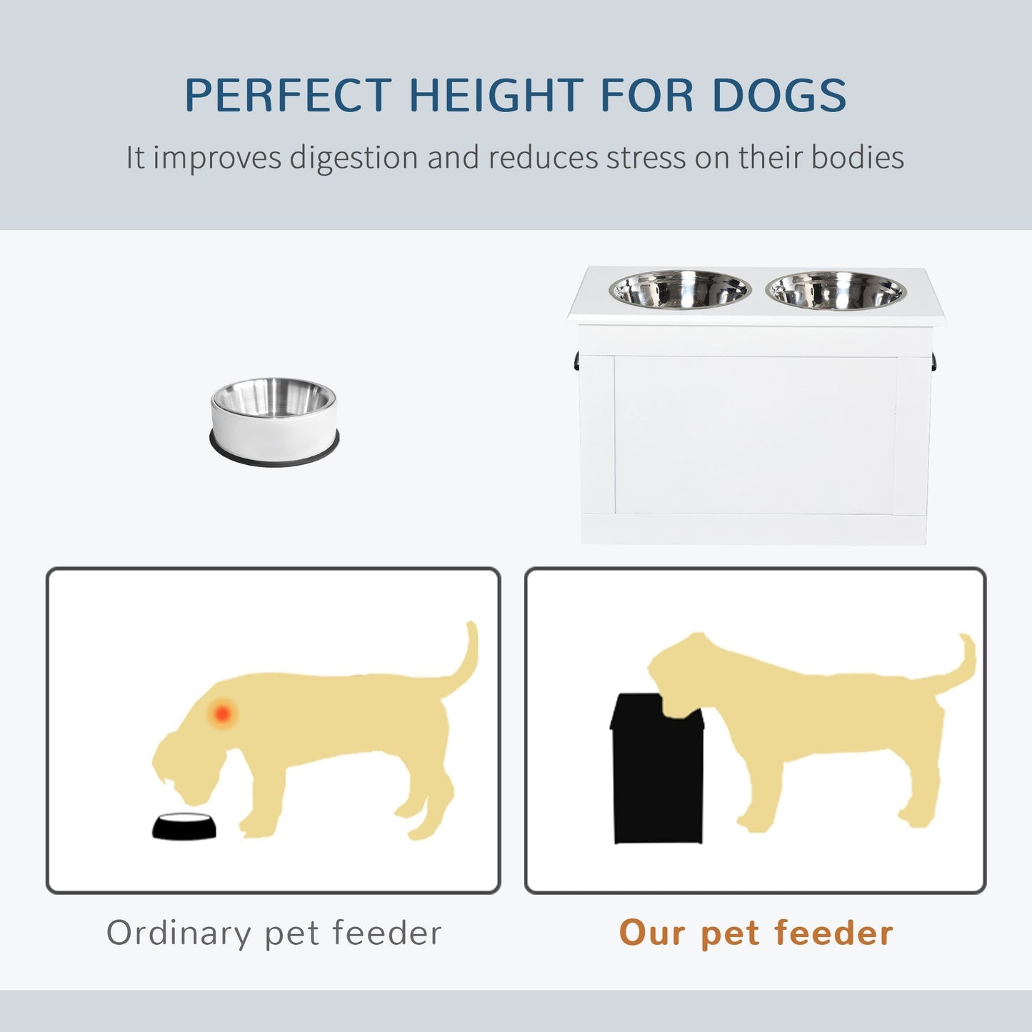 PawHut White Raised Pet Dining Station with Food Storage and Steel Bowls for Big Pups