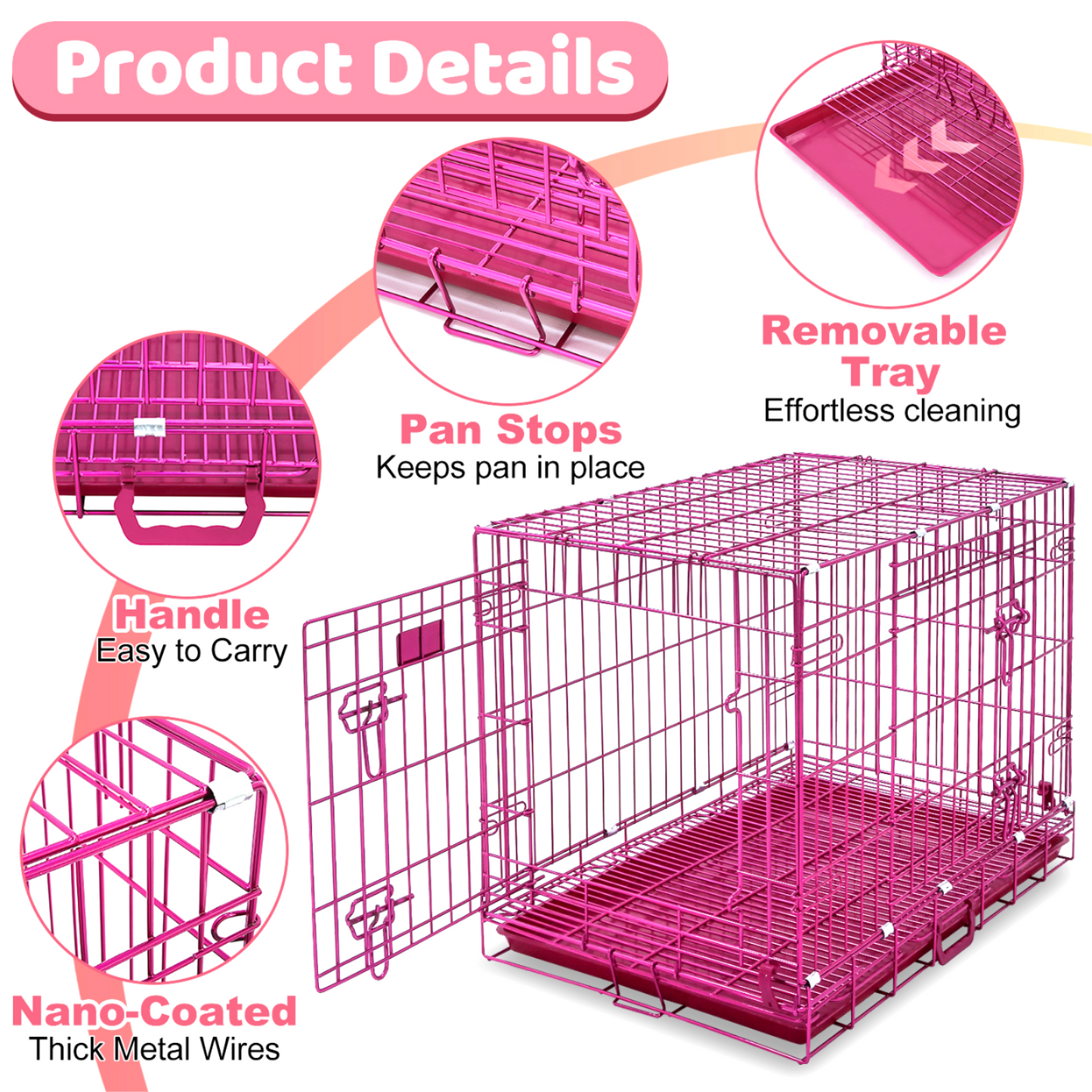 24-42" Collapsible Pink Dog Crate | Double Door Wire Kennel with Leak-Proof Tray