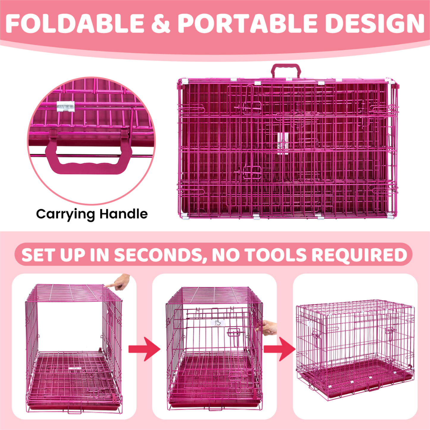 24-42" Collapsible Pink Dog Crate | Double Door Wire Kennel with Leak-Proof Tray