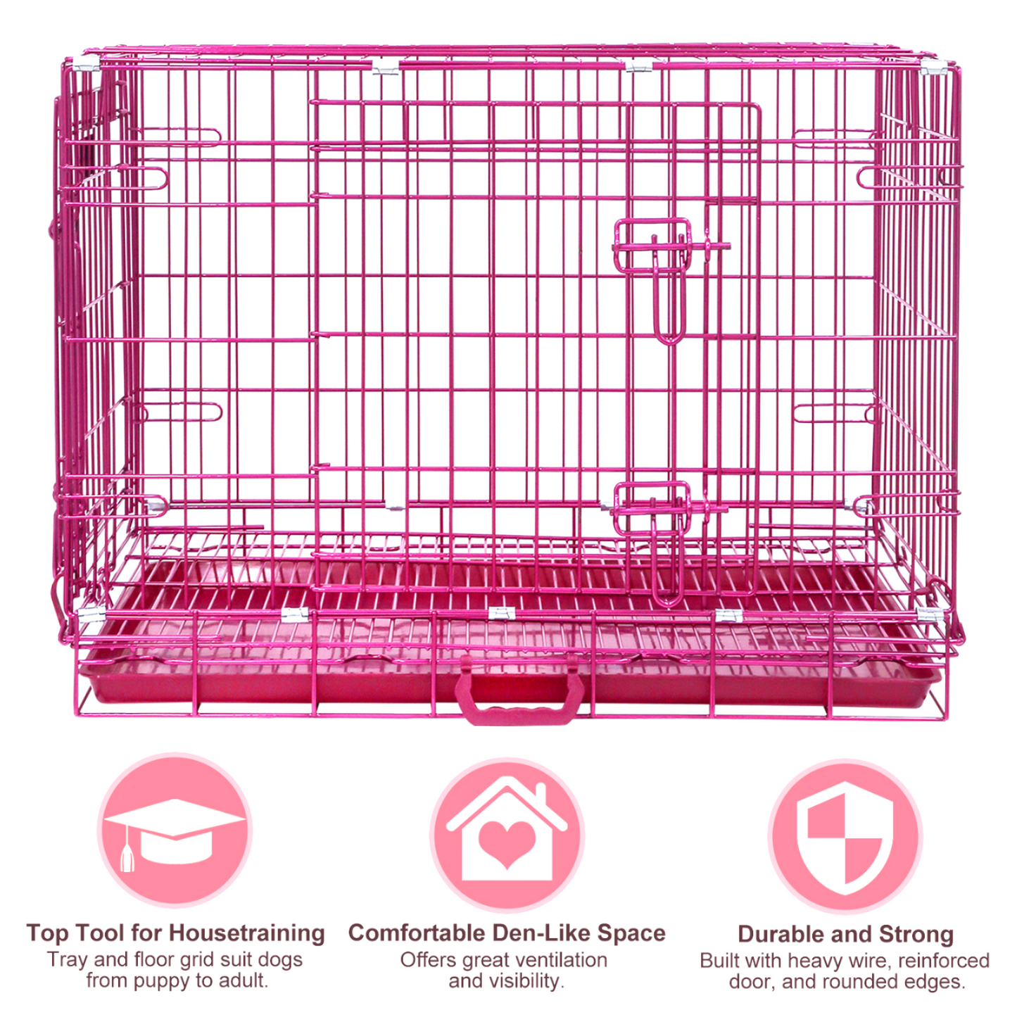 24-42" Collapsible Pink Dog Crate | Double Door Wire Kennel with Leak-Proof Tray