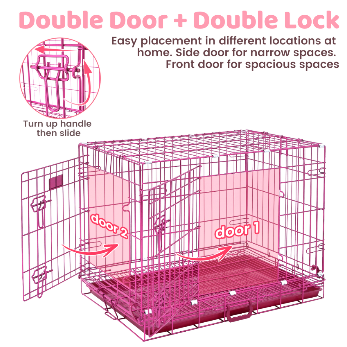 24-42" Collapsible Pink Dog Crate | Double Door Wire Kennel with Leak-Proof Tray
