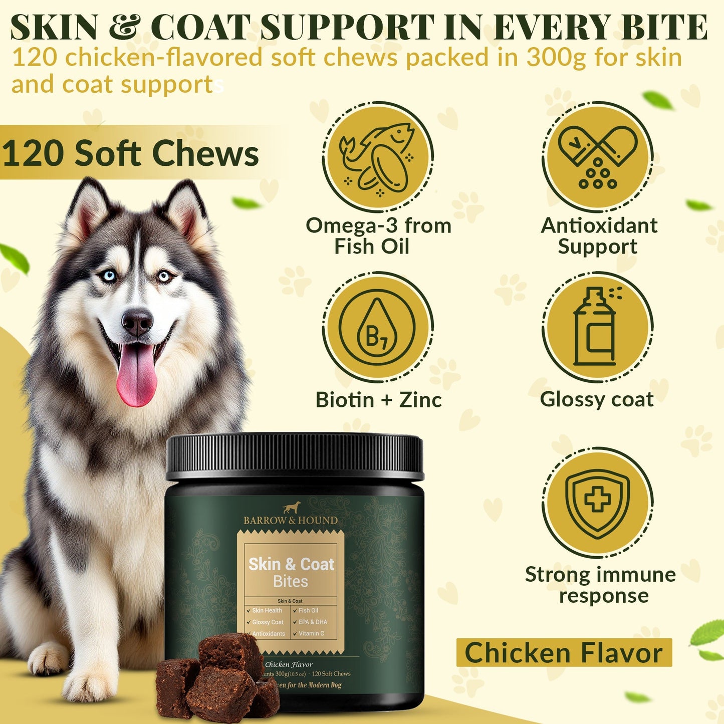 Skin and Coat Supplement for Dogs: Fish Oil Omega 3 Soft Chews with Biotin | 60 Count