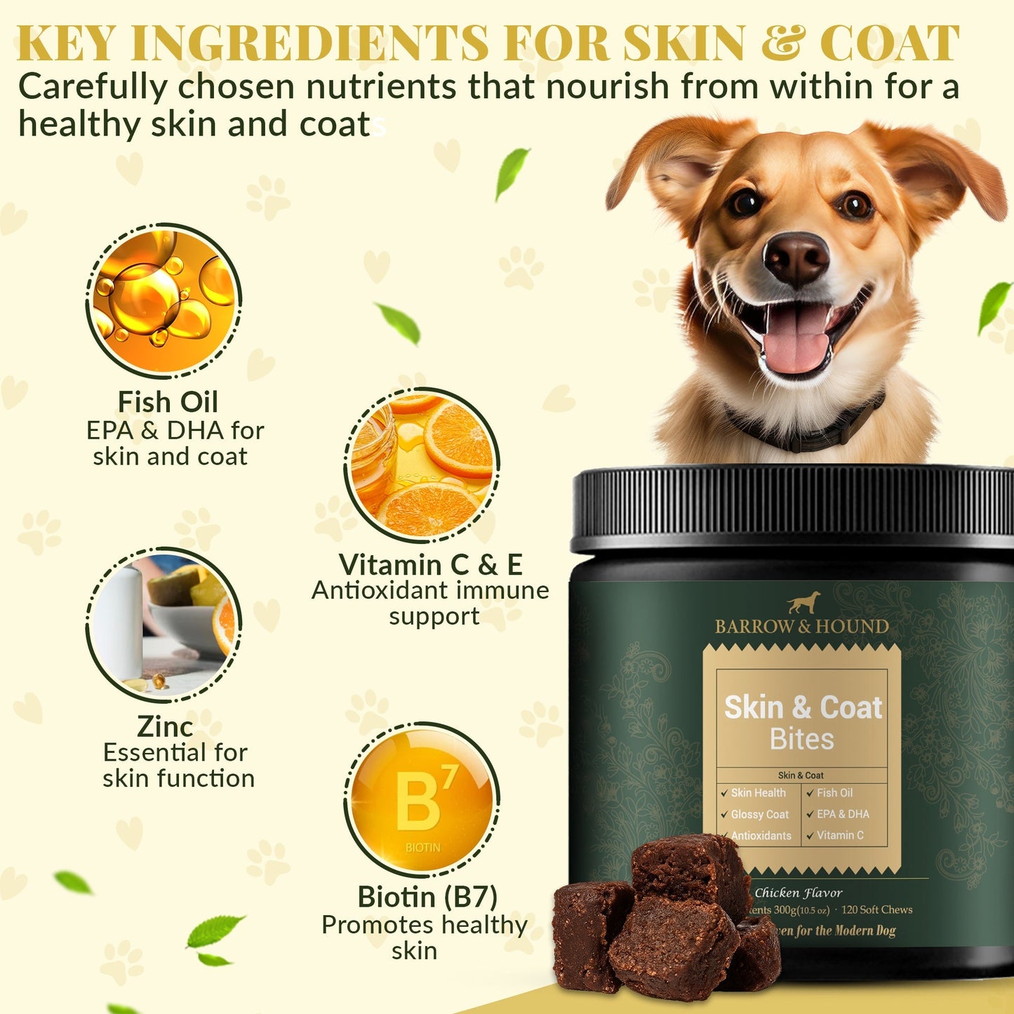 Skin and Coat Supplement for Dogs: Fish Oil Omega 3 Soft Chews with Biotin | 60 Count