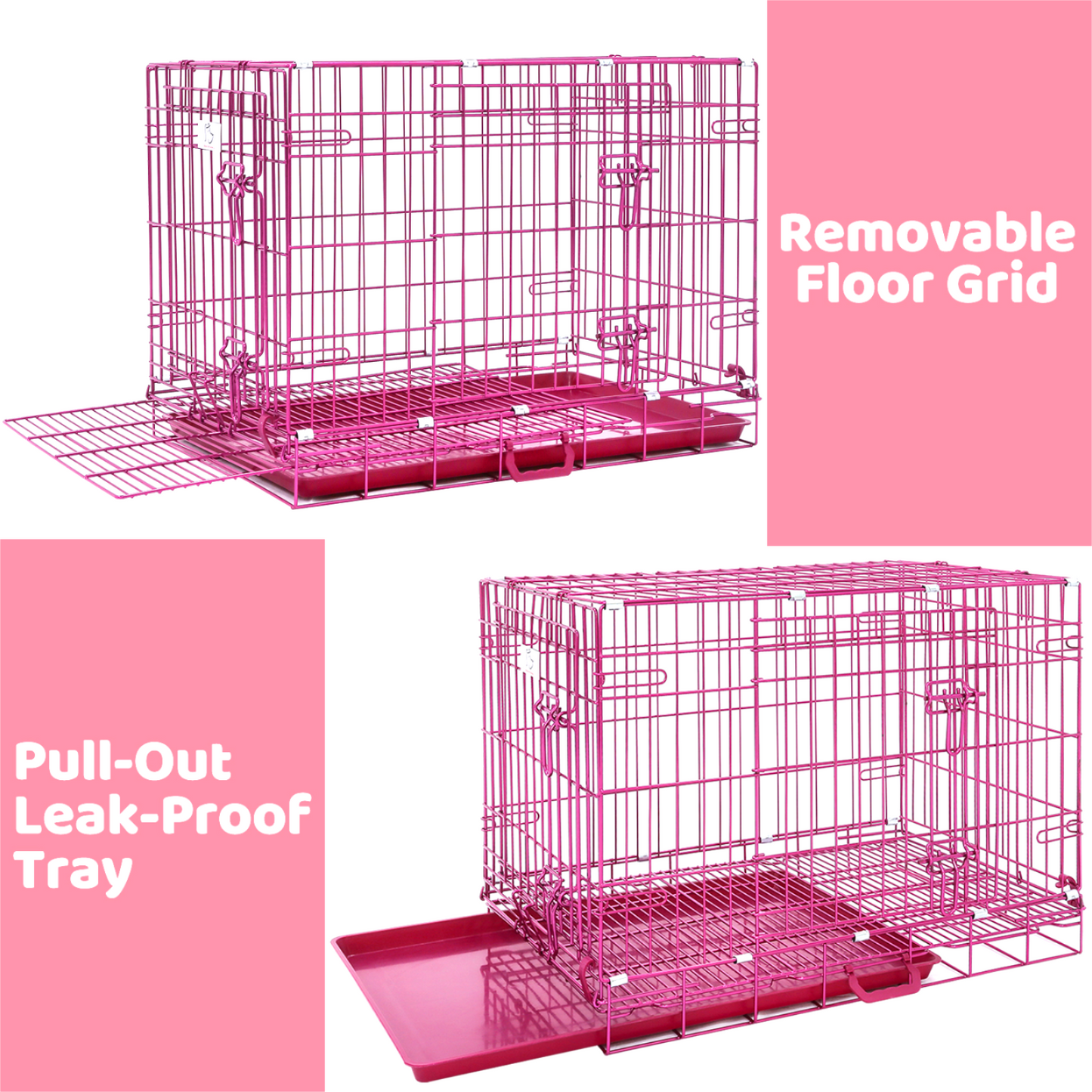 24-42" Collapsible Pink Dog Crate | Double Door Wire Kennel with Leak-Proof Tray