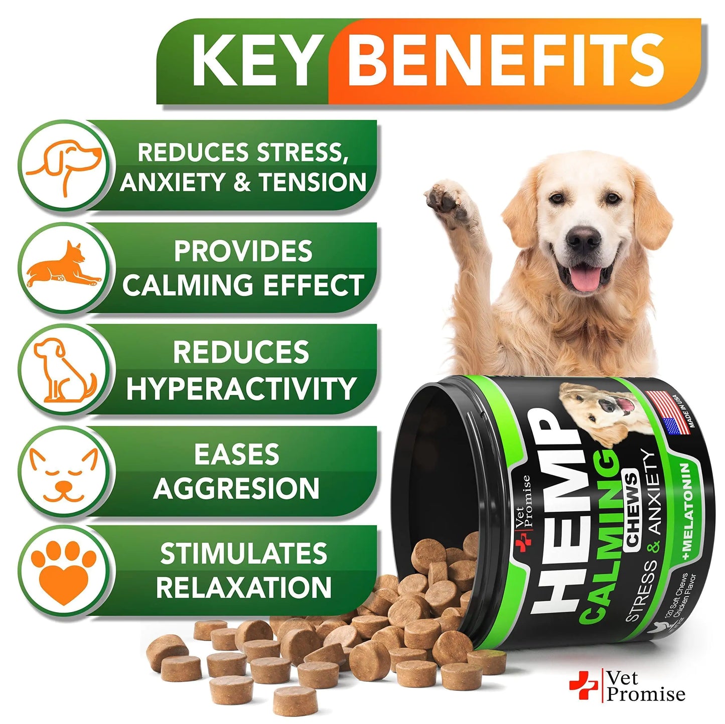 Natural Hemp Dog Calming Chews – 120 VET Formulated Melatonin Treats for Anxiety