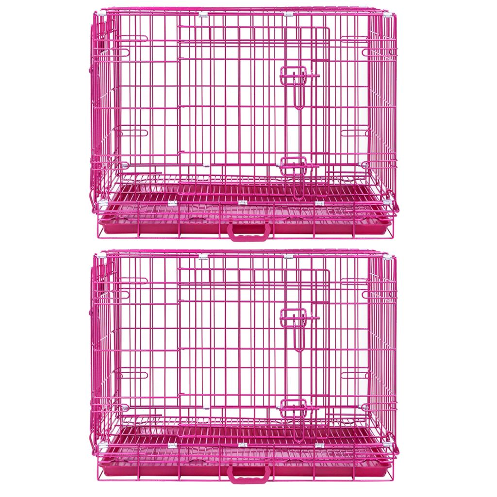 24-42" Collapsible Pink Dog Crate | Double Door Wire Kennel with Leak-Proof Tray