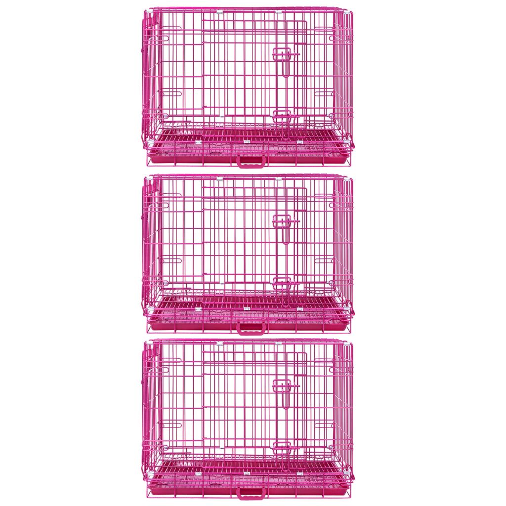24-42" Collapsible Pink Dog Crate | Double Door Wire Kennel with Leak-Proof Tray