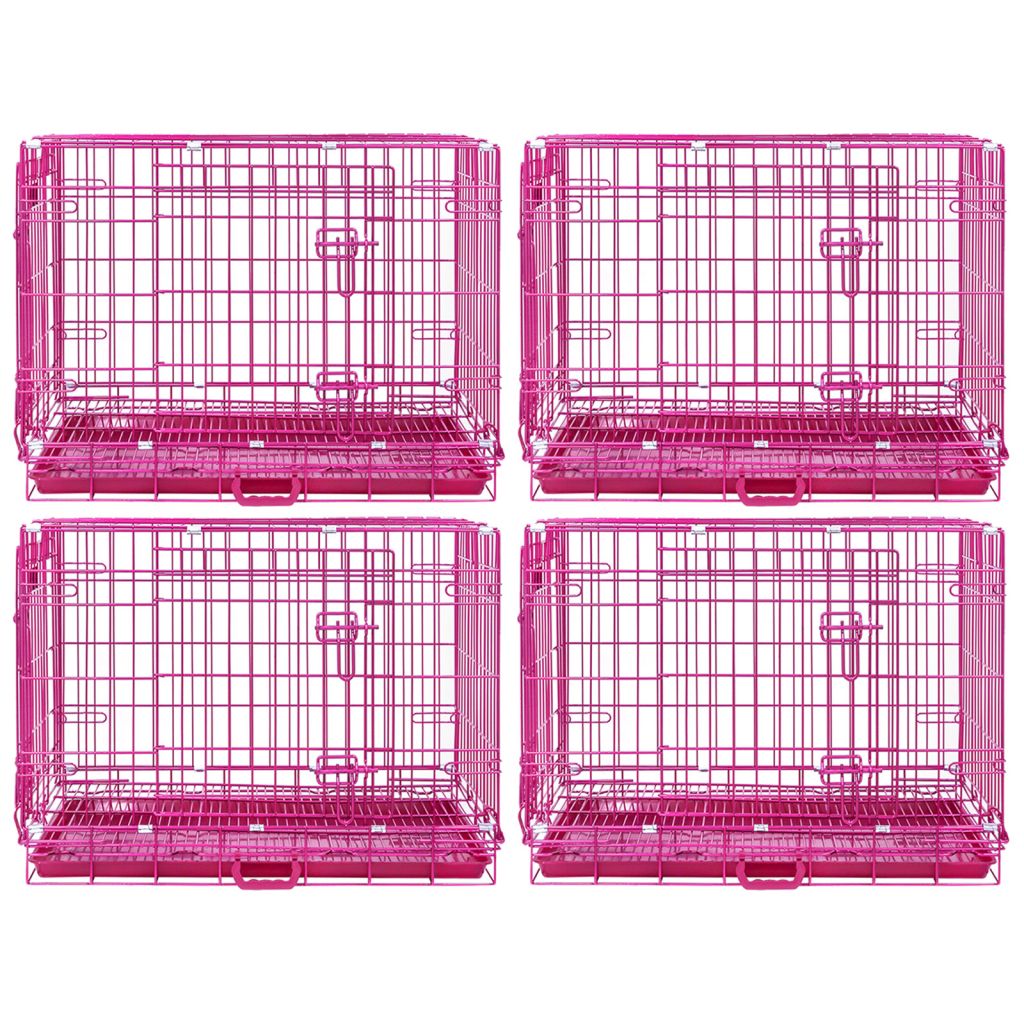 24-42" Collapsible Pink Dog Crate | Double Door Wire Kennel with Leak-Proof Tray