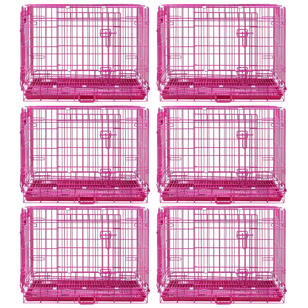 24-42" Collapsible Pink Dog Crate | Double Door Wire Kennel with Leak-Proof Tray