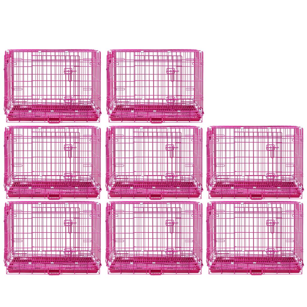 24-42" Collapsible Pink Dog Crate | Double Door Wire Kennel with Leak-Proof Tray
